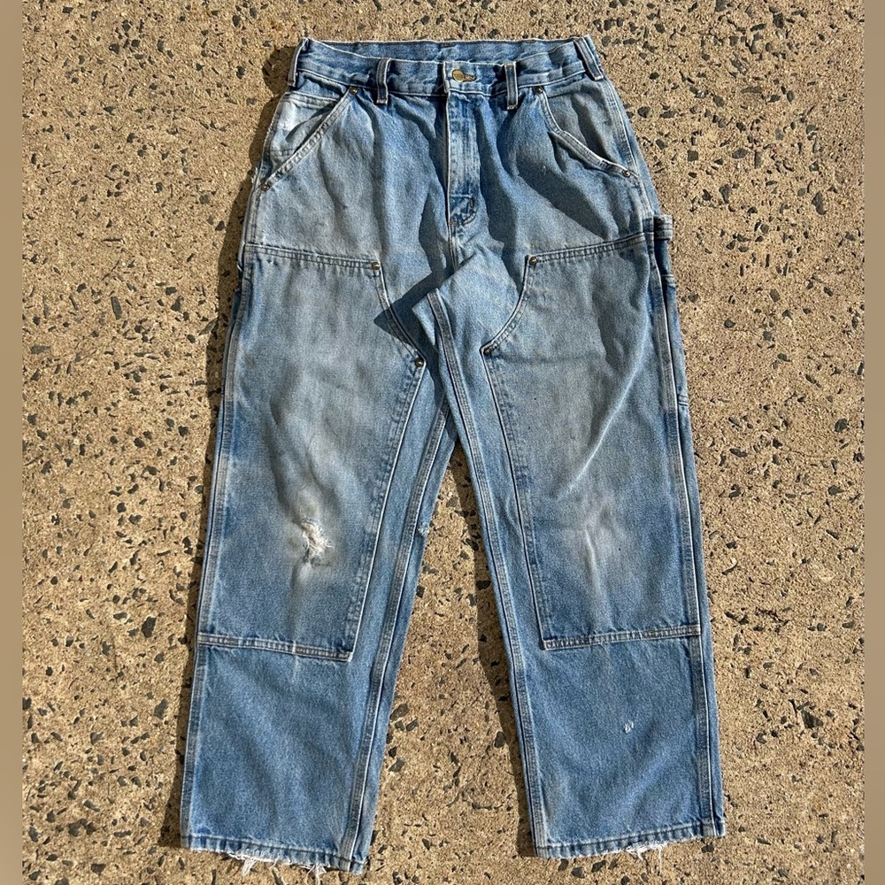 VTG Carhartt B73 DST Work Denim Pants Double Knee Size 32x30 Distressed Trash